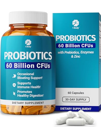 1 Body 60 Billion Probiotics for Men & Women, Gut Health for Men & Women with Prebiotics, Digestive Enzymes, Zinc & L-Glutamine, Supports Digestive Comfort, Non-GMO, 60 Vegan Probiotic Capsules