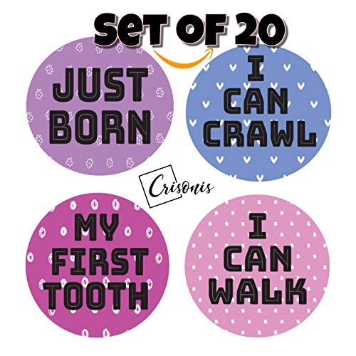 Baby Monthly Milestone Stickers (20 Pack) Birth to 12 Months + 7 Bonus Milestone Achievement Stickers for Onesie Belly Photos or Scrapbook Photo Albums