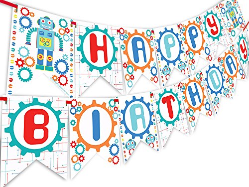 POP parties Robot Happy Birthday Banner Pennant - Vintage Robot Party Decorations