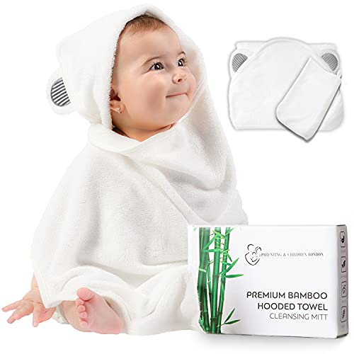 Ultra Soft Bamboo Hooded Baby Towels - Super Absorbent Organic Baby Bath Towel for Boys and Girls - Baby Hooded Towel with Single Organic Mitt Set for Newborns, Infants, Toddlers, Kids (Grey)