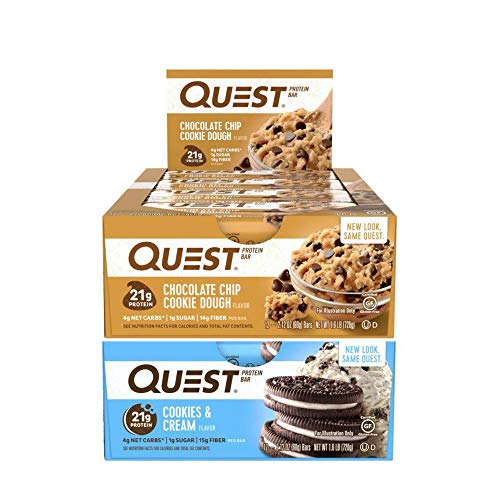 Quest Nutrition Protein Bar Chocolate Favorites (Cookies and Cream and Chocolate Chip Cookie Dough). Low Carb Meal Replacement Bar with Over 20 gram Protein. High Fiber, Gluten-Free (24 Count)