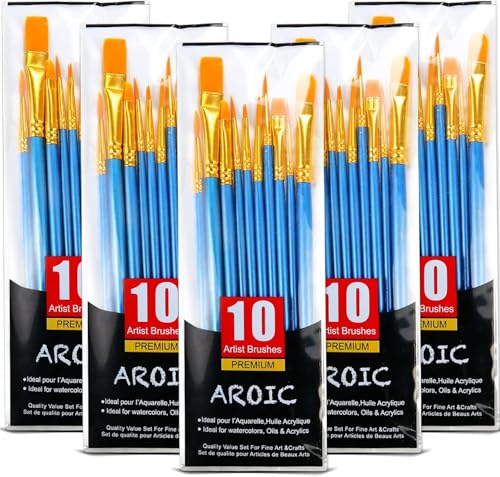 Acrylic Paint Brush Set, 5 Packs / 50 pcs Nylon Hair Brushes for All Purpose Oil Watercolor Painting Artist Professional Kits