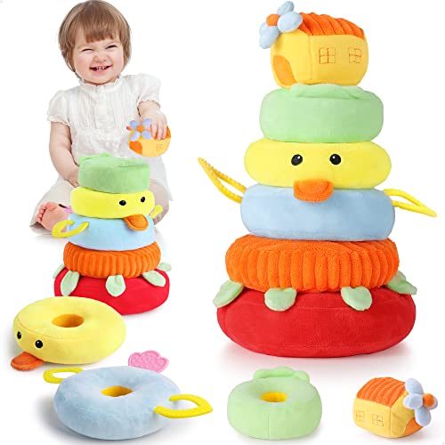 iPlay, iLearn Baby Plush Stacking Toys Set, Infant Soft Ring Stacker, Toddler Sensory Developmental Rattles, Newborn Duck Stuffed Animal, Birthday Easter Gift for 3 6 9 12 18 Month 1 Year Old Boy Girl