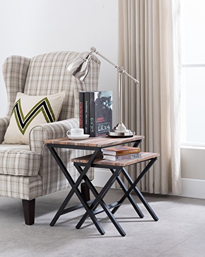 Set of 2 Weathered Oak/Black Frame Nesting Tables Side End with X-Designs