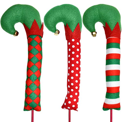 Gift Boutique Christmas Elf Leg Picks Plush Stuffed Feet with Elves Shoes Sticks with Jingle Bells Red, Green and White Colors Set of 3 Tree Ornament Decorations