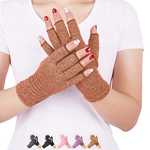 DISUPPO Arthritis Compression Gloves Relieve Pain from Rheumatoid, RSI,Carpal Tunnel, Hand Gloves Fingerless for Computer Typing and Dailywork, Support for Hands and Joints (S, Brown)