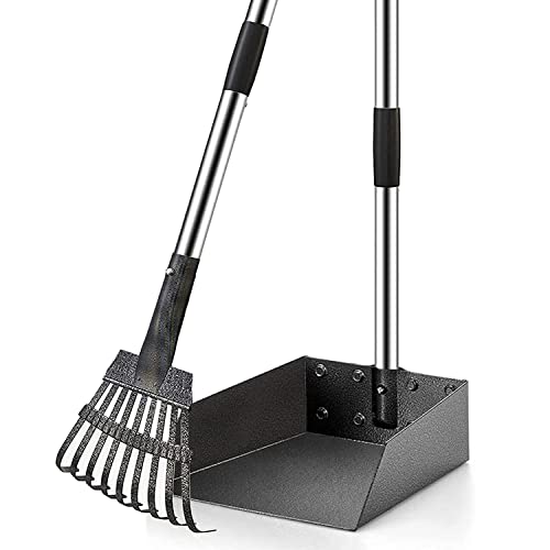 EXPAWLORER Upgraded Large Dog Pooper Scooper - Pet Metal Poop Tray and Rake with Gloves - Adjustable Long Stainless Handles Poop Scoop, Great for Grass, Dirt, Gravel, Heavy Duty Pet Waste Removal
