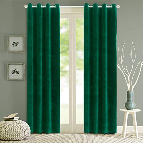 Roslynwood Blackout Velvet Curtains Velvet Energy Efficient Grommet Drapes Dark Green 96 inch Thermal Insulated for Bedroom 2 Panels (W52'' x L96'', Dark Green)