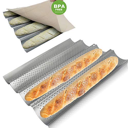 Book Cover KitNewer Baguette Pan Set-Food Grade Nonstick Coating Perforated Baguette Bread Pans for French Bread Baking 4 Loaves, with Professional Bakers Couche Proofing Cloth