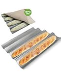KitNewer Baguette Pan Set-Food Grade Nonstick Coating Perforated Baguette Bread Pans for French Bread Baking 4 Loaves, with Professional Bakers Couche Proofing Cloth