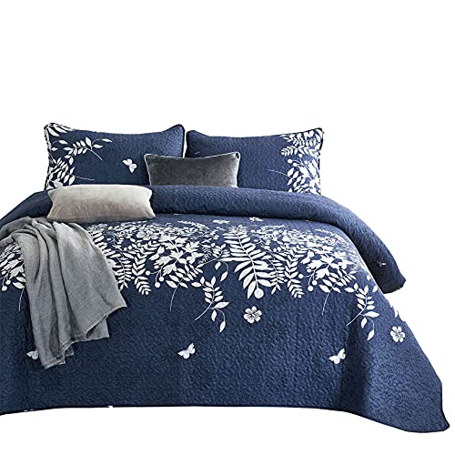 Book Cover Wake In Cloud - Navy Blue Quilt Set, Gray Grey Floral Flowers Tree Leaves Modern Pattern Printed, Soft Microfiber Bedspread Coverlet Beddings (3pcs, Queen Size)