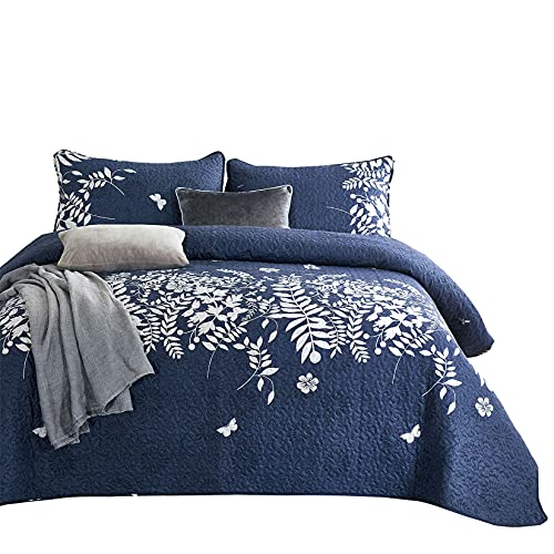 Wake In Cloud - Navy Blue Quilt Set, Gray Grey Floral Flowers Tree Leaves Modern Pattern Printed, Soft Microfiber Bedspread Coverlet Beddings (3pcs, Queen Size)