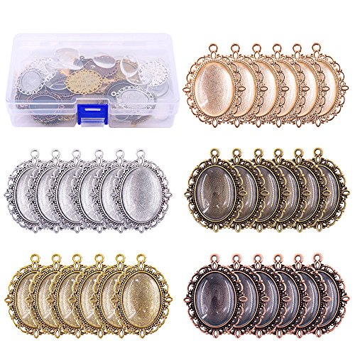 Swpeet 60 Pcs Pendant Trays Kit, Including 30 Pieces 5 Colors Pendant Trays Oval Bezels with 30 Pieces Glass Dome Tiles for Crafting DIY Jewelry Making