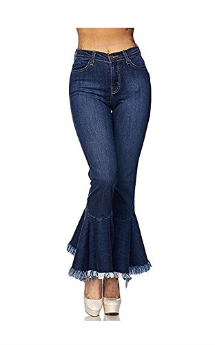 Women's Fashion Bell Bottom Pants High Waist Tassel Stretch Curvy Fit Jeans Blue