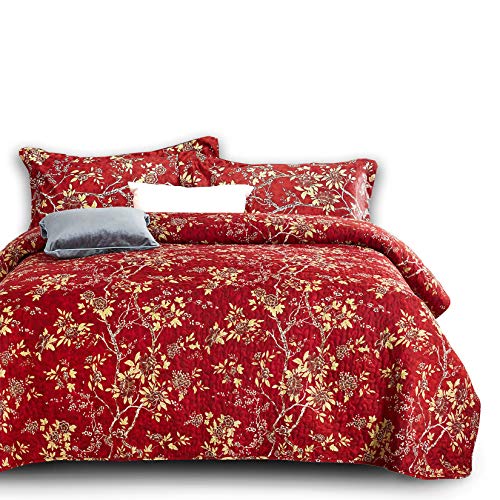 Wake In Cloud - Red Quilt Set, Vintage Floral Flowers Pattern Printed, Soft Microfiber Bedspread Coverlet Bedding (3pcs, King Size)