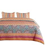 Wake In Cloud - Bohemian Quilt Set, Orange Coral and Green Boho Chic Mandala Pattern Printed, Soft Microfiber Bedspread Coverlet Bedding (3pcs, Queen Size)