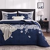 Wake In Cloud - Navy Blue Quilt Set, Gray Grey Floral Flowers Tree Leaves Modern Pattern Printed, Soft Microfiber Bedspread Coverlet Bedding (3pcs, King Size)