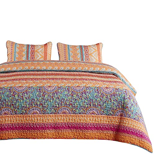 Wake In Cloud - Bohemian Quilt Set, Orange Coral and Green Boho Chic Mandala Pattern Printed, Soft Microfiber Bedspread Coverlet Beddings (3pcs, King Size)