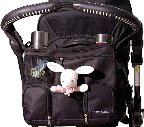 Julius Ames Baby Stroller Organizer Bag With Cup Holders For Moms | Holds Everything You Need | Perfect For Baby Showers | Universal Fit, 3 Insulated Pockets, Shoulder Strap, 2 Stroller Hooks | Black