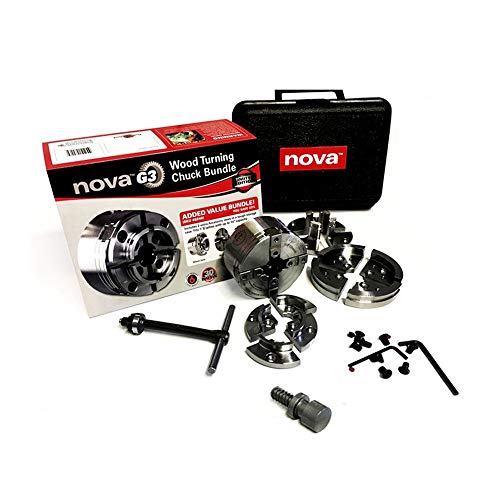Nova TK-48246 Direct Thread 1 Inch Small Wood Turning Chuck Bundle Set with Automatic Jaw Safety Stop and Copper Impregnated Jaw Slides, Reversible