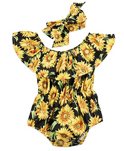 Newborn Baby Girls Sunflower Romper Off Shoulder Bodysuit Jumpsuit Sunsuit Outfits Set Clothes