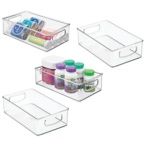 mDesign Small Plastic Bathroom Storage Container Bins with Handles for Organization in Closet, Cabinet, Vanity or Cupboard Shelf, Accessory Organizer - Ligne Collection - 4 Pack, Clear