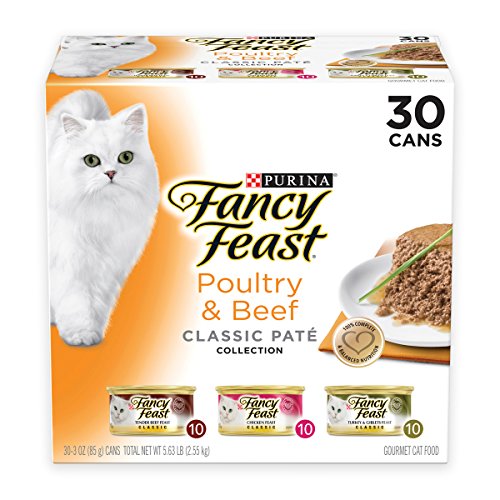 Purina Fancy Feast Grain Free Pate Wet Cat Food Variety Pack, Poultry & Beef Collection - (30) 3 oz. Cans