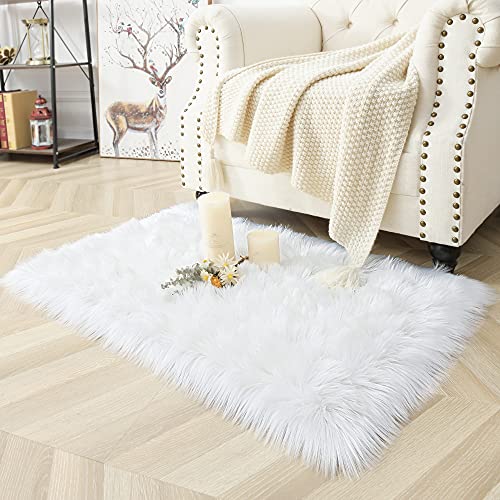 Noahas Luxury Fluffy Rugs Bedroom Furry Carpet Bedside Faux Fur Sheepskin Area Rugs Children Play Princess Room Decor Rug, 2ft x 3ft, White