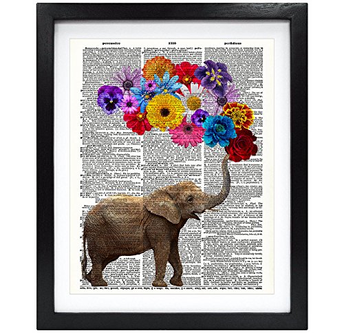 Susie Arts 8X10 Unframed Elephant with Flowers Upcycled Vintage Dictionary Art Print Book Art Print Home Decor Kids Wall Art V089