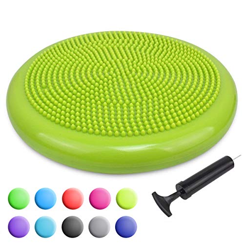 Book Cover Trideer Inflated Stability Wobble Cushion with Pump, Extra Thick Core Balance Disc, Kids Wiggle Seat, Sensory Cushion for Elementary School Chair (Office & Home & Classroom) (34cm New Yellow Green)