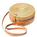 Natural NEO Handwoven Round Rattan Bag Shoulder Leather Straps Natural Chic Hand, Brown, 20cm Diameter