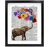 Susie Arts 8X10 Unframed Elephant with Flowers Upcycled Vintage Dictionary Art Print Book Art Print Home Decor Kids Wall Art V089