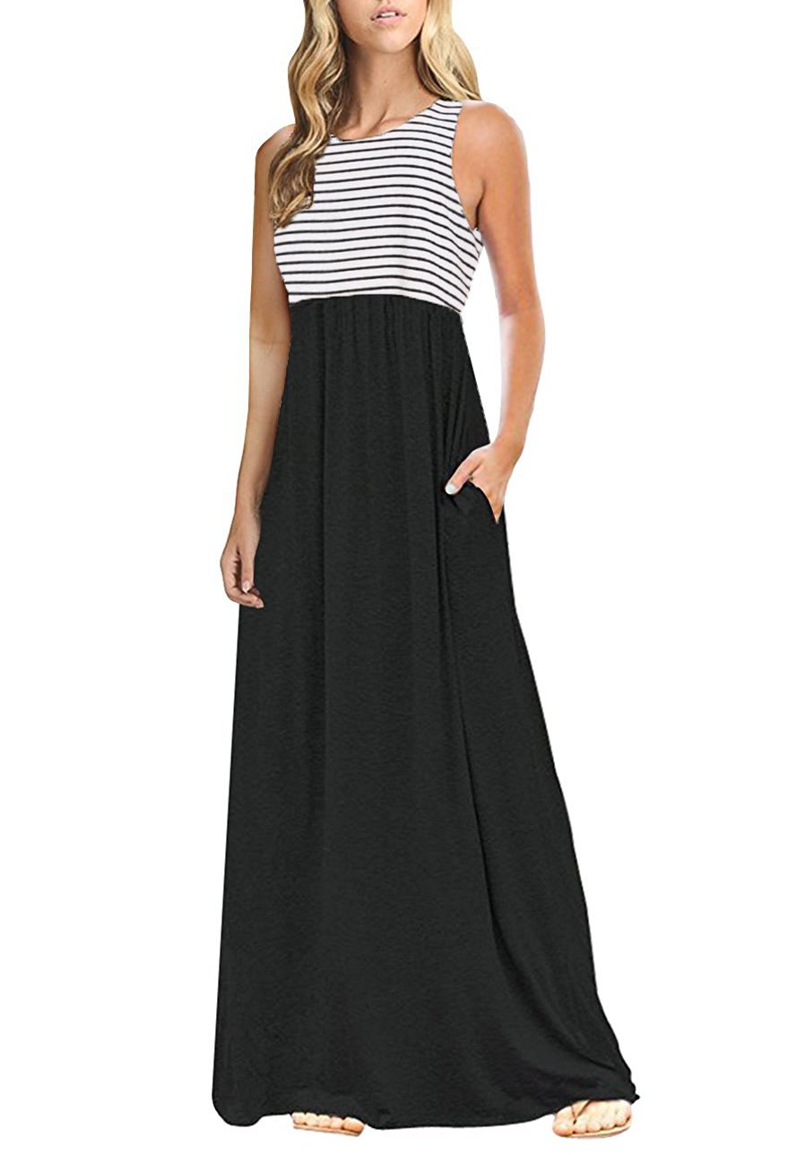OURS Women's Casual Sleeveless Maxi Dresses Floral Print Bohemian Striped Long Dresses with Pockets
