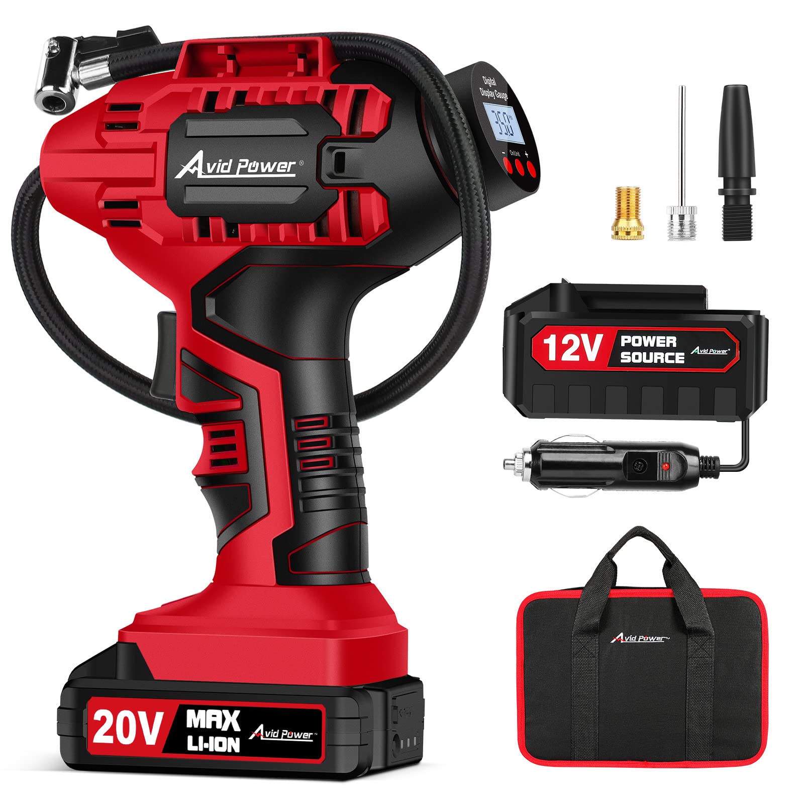 Avid Power Tire Inflator Air Compressor, 20V Cordless Car Tire Pump with Rechargeable Li-ion Battery, 12V Car Power Adapter, Digital Pressure Gauge
