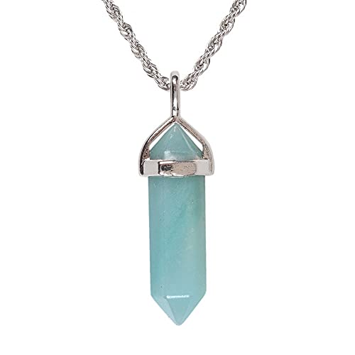 JUSTINSTONES Natural Blue Amazonite Gemstone Hexagonal Pointed Reiki Chakra Pendant Necklace 20" High-grade Iron Gift Box