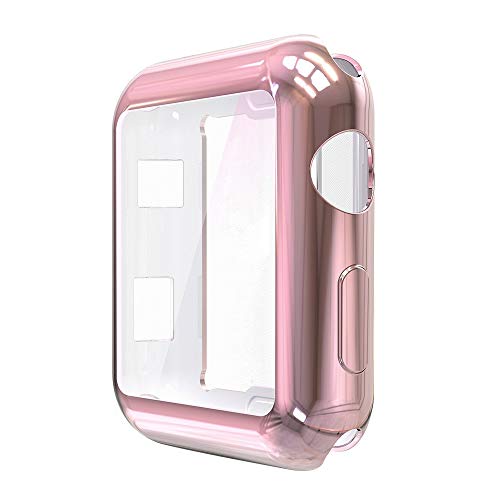 HONEST KIN Compatible Apple Watch case 42mm Series 3, TPU Protective Case Flexible Anti-Scratch Bumper Cover with Built in Screen Protector for iWatch Series 2/3 All Edition, Rose Gold