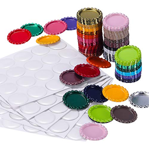 TecUnite 100 Pieces Flattened Bottle Caps in Double Sides Printed Mixed Colors and 100 Pack 1 Inch Clear Stickers for Photo Pendant Craft Jewelry Making