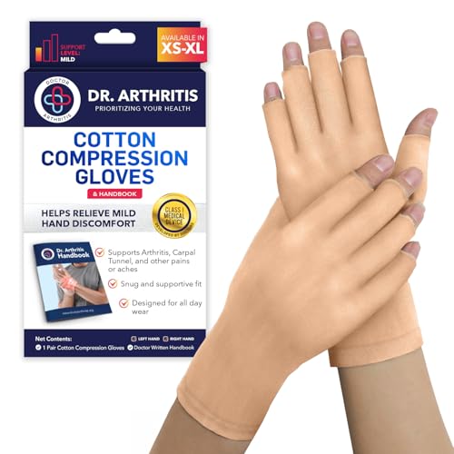 Doctor Developed Nude Arthritis Gloves/Skin Gloves and Doctor Written Handbook - Soft with Mild Compression, for Arthritis, Raynauds Disease & Carpal Tunnel (Open-fingertips, Small)