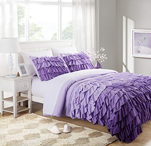 Cassiel Home Gorgeous 3 Pieces Waterfall Flowing Ruffle Comforter Set Girl's Bedding Set Gifts for Kids Teen (Twin XL, Purple)