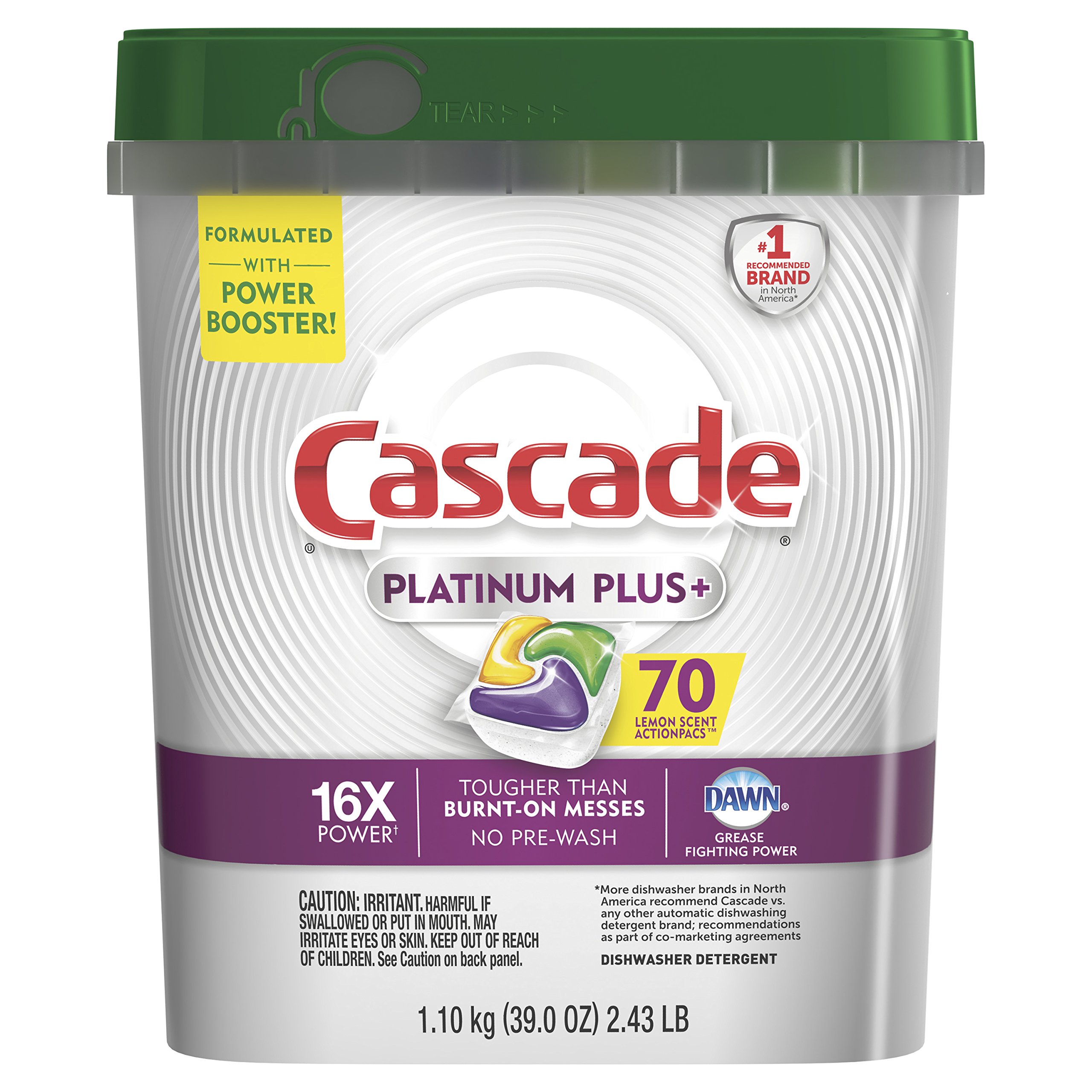 Cascade Platinum Dishwasher Pods, ActionPacs Dishwasher Detergent with Dishwasher Cleaner Action, Lemon Platinum Plus, 70 Count