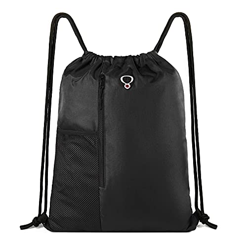 Drawstring Backpack Sports Gym Bag for Women Men Children Large Size with Zipper and Water Bottle Mesh Pockets