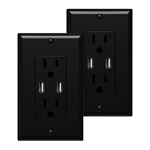 WEBANG USB Wall Outlet Black 3.6A Dual High Speed USB Charger Electrical Outlet 15Amp/125V Receptacle 2 Pack Wall Plate Screw Included