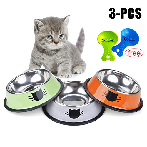 Legendog Cat Bowl Pet Bowl Stainless Steel Cat Food Water Bowl with Non-Slip Rubber Base Small Pet Bowl Cat Feeding Bowls Set of 3 (Multicolor)