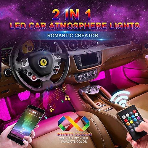 Car LED Strip Light, Wsiiroon Upgraded Remote and APP Two-in-one Control Multicoloured Music Car Interior Lights, 4pcs 48 LED, Sound Active Function, Waterproof, Multi-Mode Change(DC 12V)
