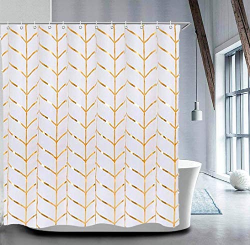 LIVILAN Fabric Shower Curtain Set with 12 Hooks Geometric Patterned Shower Curtain Machine Washable Decorative Bathroom Curtain Gold and White Shower Curtain Bathroom Decor 72" x 72"