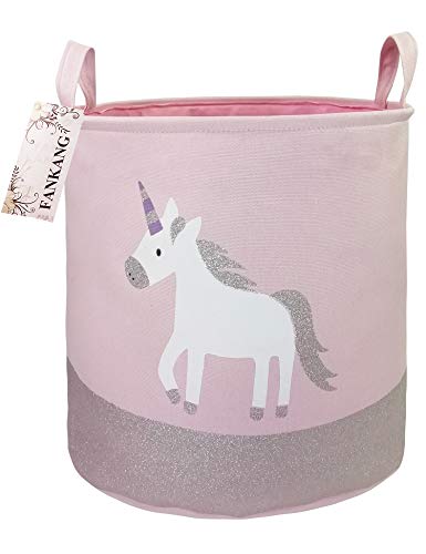 FANKANG Large Sized Gift Baskets Cute Rainbow Pattern Design Laundry Hamper Cotton Fabric Cylindric Storage Bin with Rope Handles, Decorative and Convenient for Kids Bedroom (Pink Unicorn)