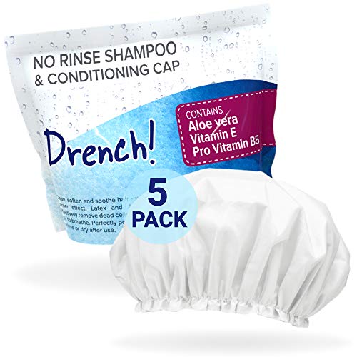 Book Cover Drench No Rinse Shampoo Caps [5-Pack] - Waterless Shampoo and Conditioner - Dry Hair Wash Caps for The Elderly or Bedridden - Contains Aloe Vera, Vitamin E and Provitamin B5