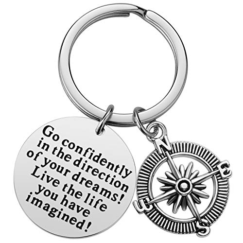 Inspirational Keychain Gifts - Go confidently in the direction of your dreams Live the life you have imagined Compass Jewelry Graduation Gift Birthday Gift (Silver)