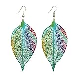 Fashion Metal Hollow Colorful Leaf Pendant Drop Hook Earrings Statement Jewelry - Blue