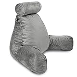 Milliard XL Reading Pillow with Shredded Memory Foam - Detachable Neck Roll, Grey Velour Back Pillow - Bed Wedge, Backrest for Adults and Kids - Great for Reading, Gaming, Watching TV